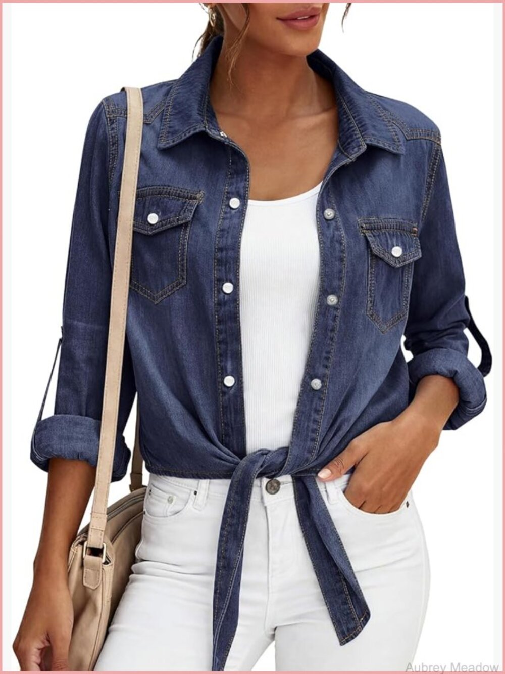 Collared Button Down Denim Shirt Crop Jacket Tie Front Long Sleeve Top